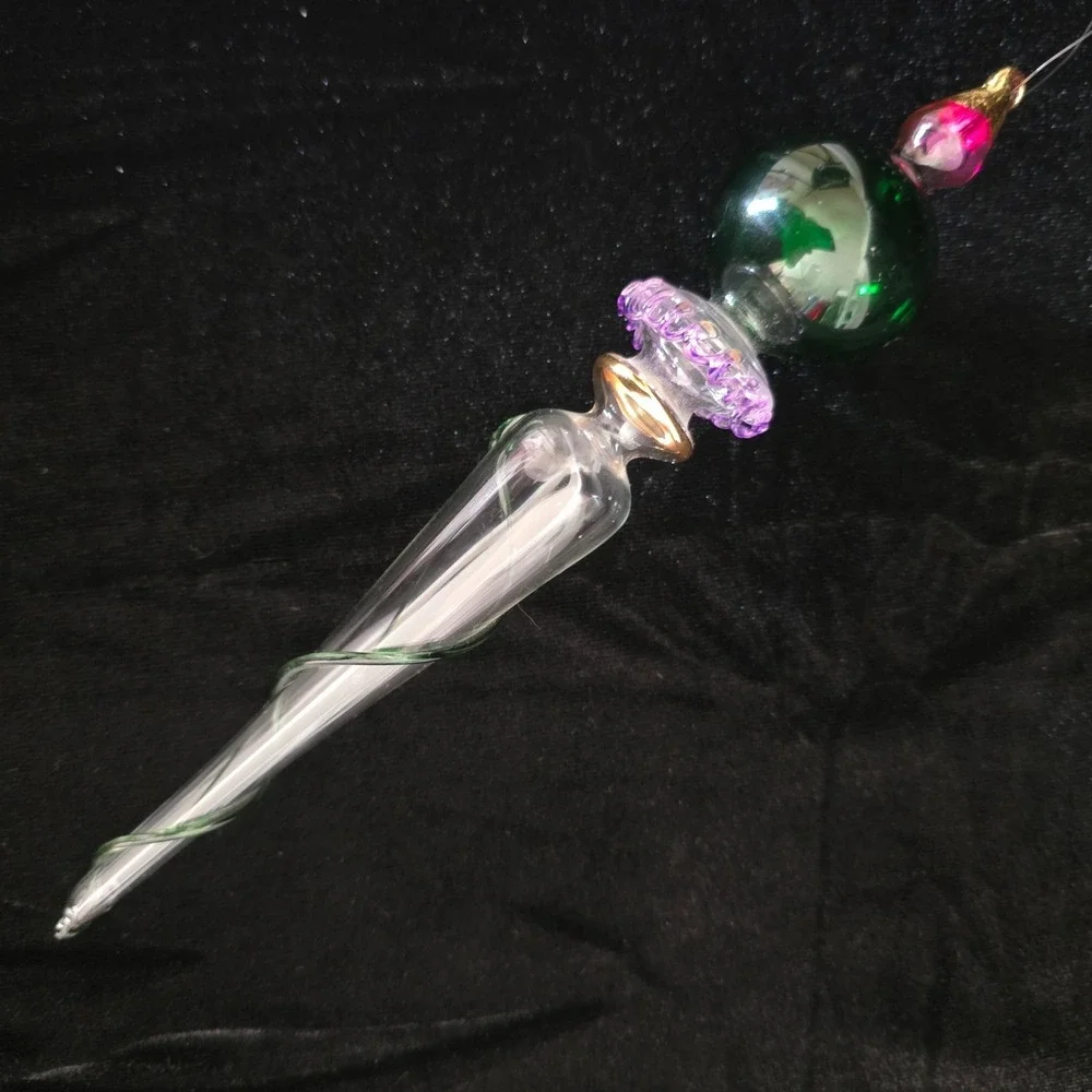 Thomas Pacconi Museum Series Blown Glass Christmas Ornament Green Purple Icicle